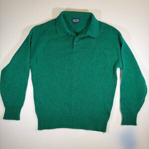 Vintage 80s LANDS END 100% Wool Button Collar Pullover Sweater Green Medium